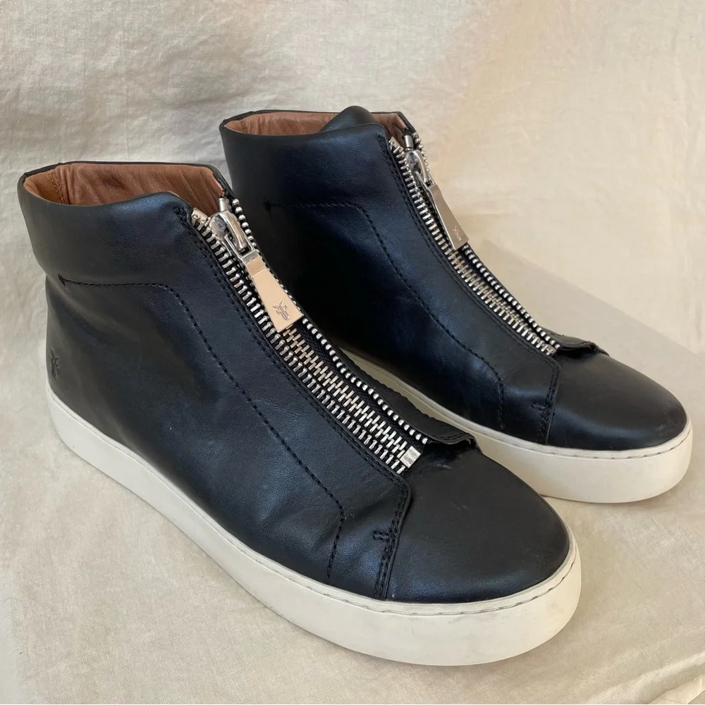 FRYE Lena Women’s Size 10 High Top Sneaker Black Leather Zip Moto 3471328 - Picture 2 of 8